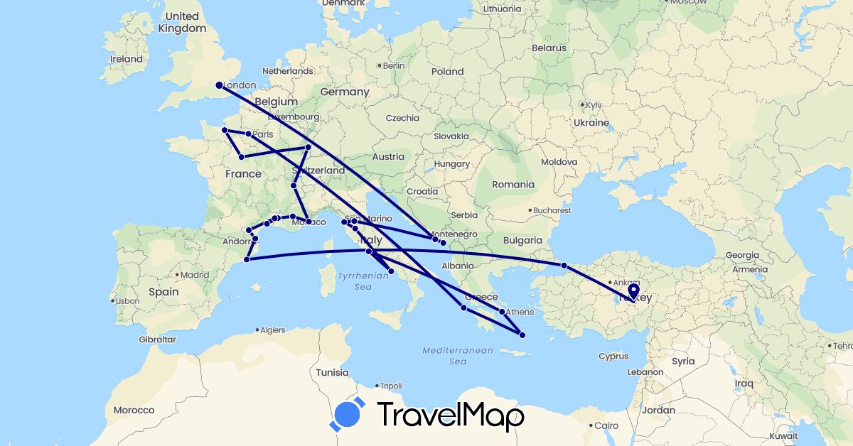 TravelMap itinerary: driving in Spain, France, United Kingdom, Greece, Croatia, Italy, Monaco, Montenegro, Turkey (Asia, Europe)